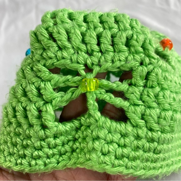 Handmade Kid’s Lime Green Crocheted Beaded Butterfly Eyelet Stitch Beanie - Picture 2 of 5